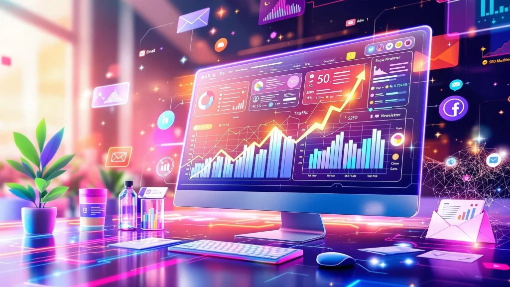 Illustration moderne de marketing digital avec tableau de bord de site web montrant la croissance du trafic, icônes de réseaux sociaux, outils SEO et newsletters par email